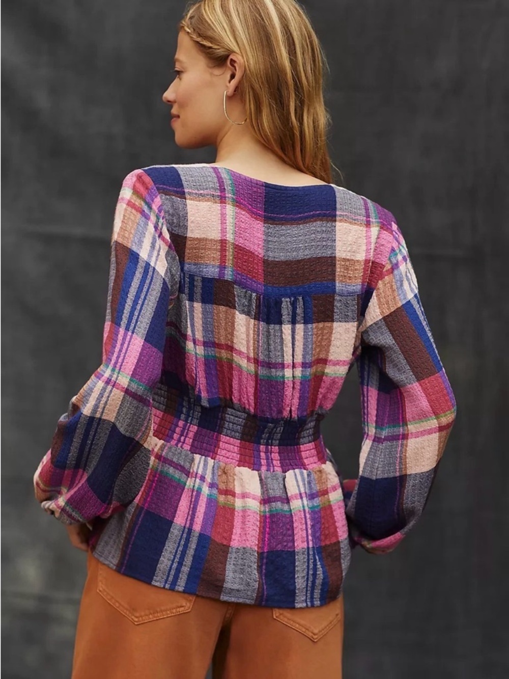 Anthropologie Pilcro Plaid Deep-V Peplum Blouse Pink Navy Blue M Boho Festival - Picture 2 of 6